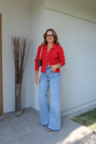 Purple by Banu MAVİ Taşlamalı Bol Paça Jean Pantolon