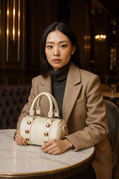 ESTUTE Lüks Altın Detaylı Silindir El ve Omuz Çantası