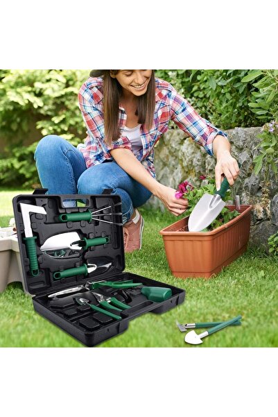 Flippy Set 10 Garden Tools, Flippy, for Planting Soil Processing and Plant Care, Green Handles, PVC and Sta