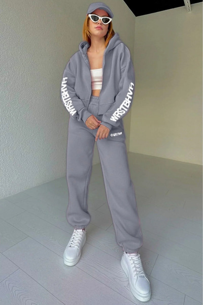 AEMİ Women's WRSTBHVR Printed Oversize 3 Thread Cardigan Tracksuit Set
