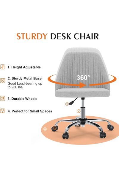 Sweetcrispy Armless Office Chair Modern Fabric Home Office Desk Wheels Adjustable Swivel Task