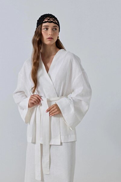 FAD Beyaz %100 Keten Sora Kimono