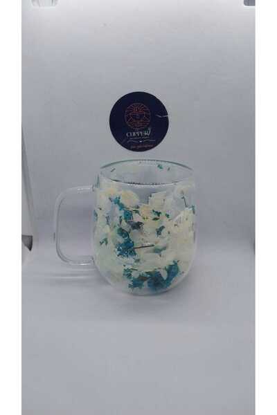 CUPPERA Isıya Dayanıklı Çift Cidarlı Kurutulmuş Canlı Çiçekli Kupa (Yoğun Mav...