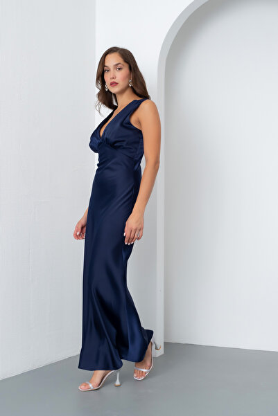 Lafaba Жіноче темно-синє сукня з V-подібним вирізом з атласу для урочистих подій