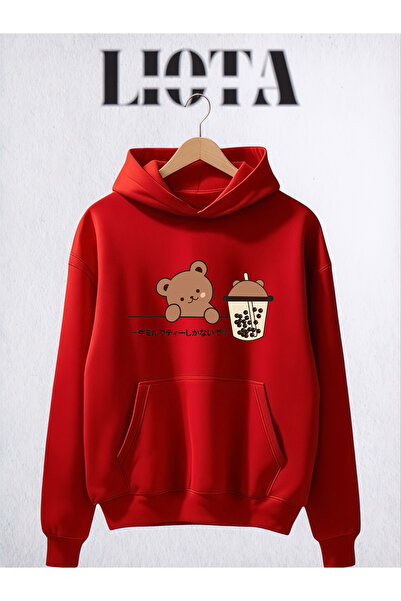 Vordevia Bear and Coffee Printed Oversize Cotton 3 Thread Sweatshirt