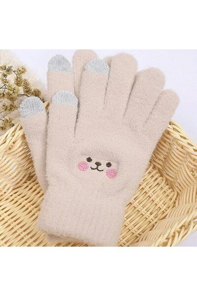 Flippy Women's Gloves, Flippy, Smiling Face Design, Touchscreen Function, Embroidered Wool, Elastic Cuff, P