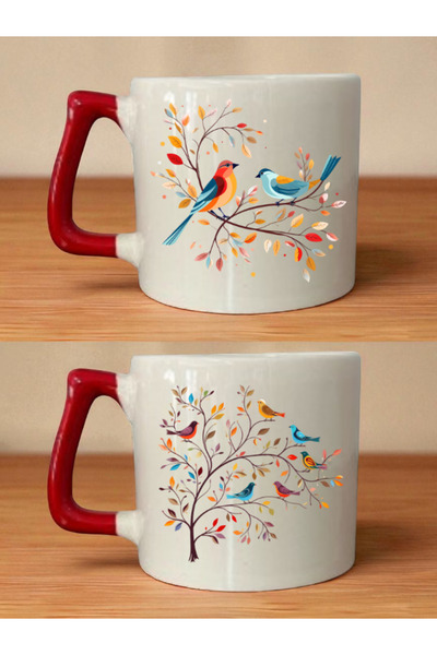 lili hediyelik Bird on a Branch Red Handle Mug - Gift for a Man, Gifts for Bo...