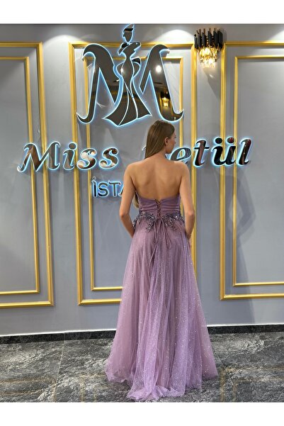 MissBetül Straplez Üstü Taşlı Tül Etek Abiye Nişan Elbisesi