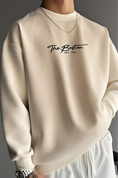 NO 601 Men's Beige Crew Neck the Bstn Printed Winter Sweatshirt