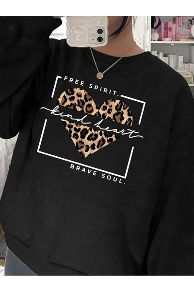 WOODROFFE Hanorac pentru femei cu imprimeu Free Spirit, cu gâtul rotund, negr...