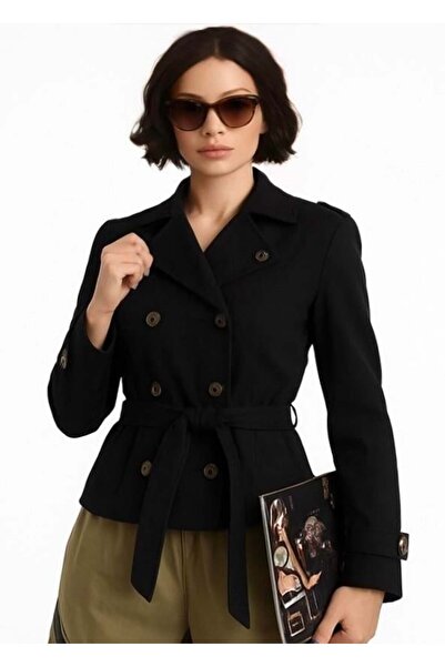 shE tekstil Kemerli Kısa Trençkot Siyah