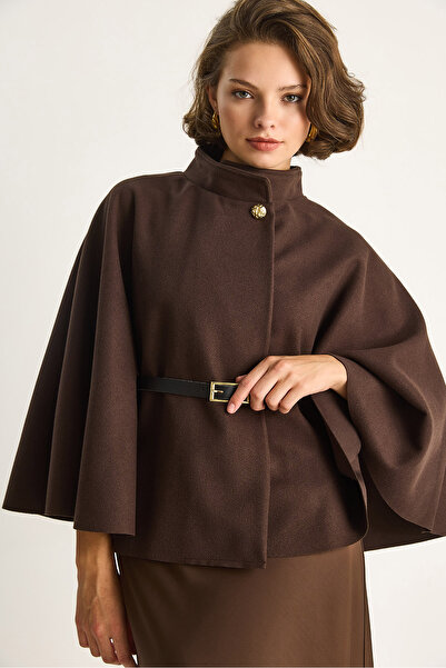 Bianco Lucci Women's Gold Button Detailed Belted Poncho 2712 60261570