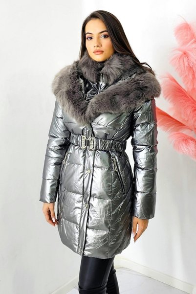 FashionForYou Geaca de iarna, Fareya, cu inchidere dubla si blanita ecologica, Gri Metalizat