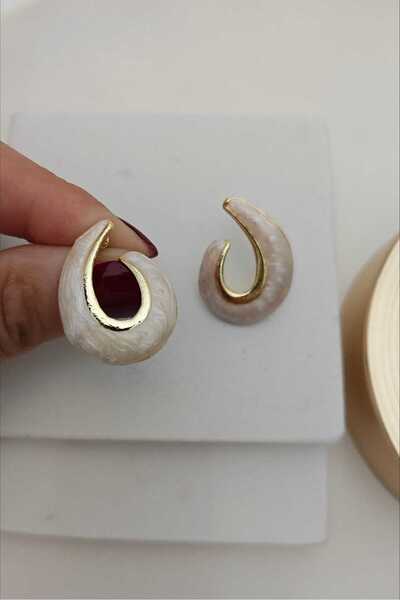 KYOLA DESİGN White Enamel Double-Way Gold Women's Earrings (3cm)