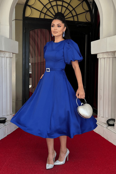 giyimmasalı Rochie midi cu detaliu curea din material satinat - SAKS BLUE