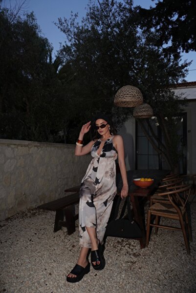 Eka Women's Black Patterned Satin Jumpsuit 1040-4077