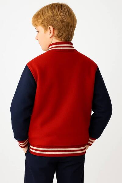 Uğur bebe 100% Cotton Three-Thread Raised Collar College Children's Cardigan Jacket – Red Navy Blue, Snap Fasteners, Letter W