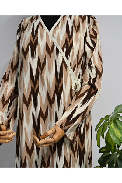 Bilenler Zigzag Patterned Double Breasted Prayer Dress – 100% Viscose, Side Tie, Sizes 36-46