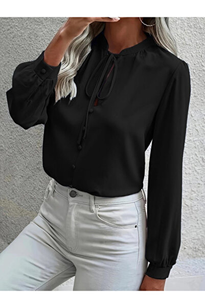 Modayakamoz New Season Women's Long Sleeve Collared Neck Lace-Up Buttoned Sandy Blouse