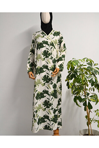 Bilenler Φόρεμα προσευχής με διπλό στήθος με σχέδιο με φύλλα – 100% βισκόζη, με πλαϊνά κορδόνια, μέγεθος 36-46