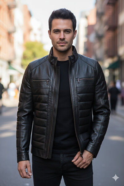 royalmoni Hakiki Kuzu Derisi Fermuarlı Sırt İşlemeli Deri Ceket Siyah