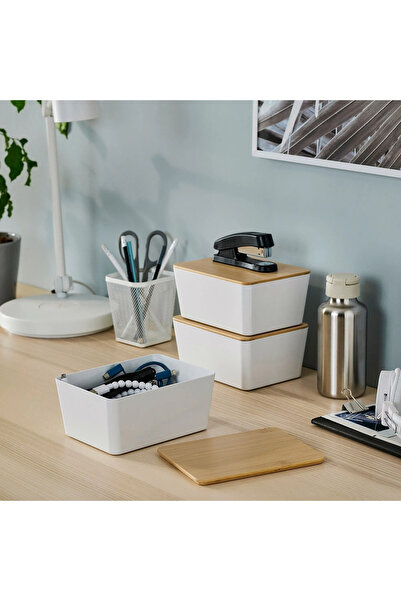 IKEA 3 lü Kutu Seti Bambu Kapaklı 3 Adet Kutu Beyaz 13x18x8 cm