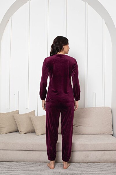 Asel Women's Burgundy Velvet Long Sleeve Cuffed Pajama Set