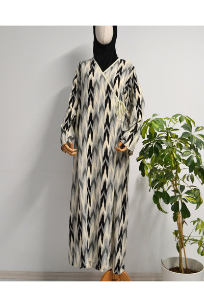 Bilenler Zigzag Patterned Double Breasted Prayer Dress – 100% Viscose, Side Tie, Sizes 36-46