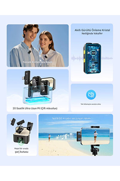 asua Kablosuz İkili Yaka Yayın Mikrofonu | Profesyonel – Şarj Kutulu | ANC Gürültü Modu | Uzun Pil Ömrü