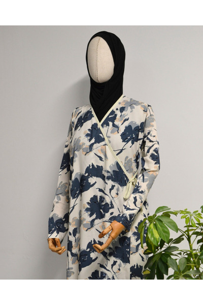 Bilenler Φόρεμα προσευχής με διπλό στήθος με σχέδιο με φύλλα – 100% βισκόζη, με πλαϊνά κορδόνια, μέγεθος 36-46