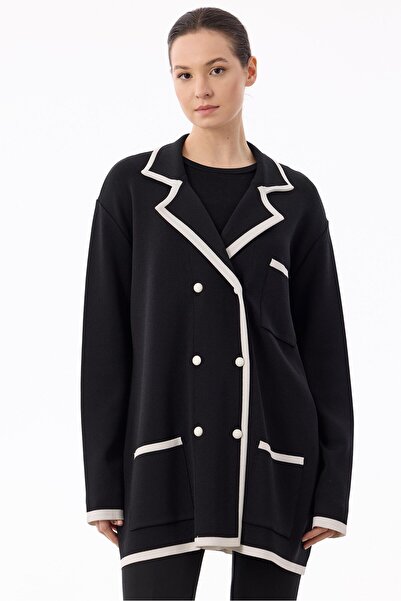Tığ Triko Çizgi Detaylı Rayon Ceket SİYAH