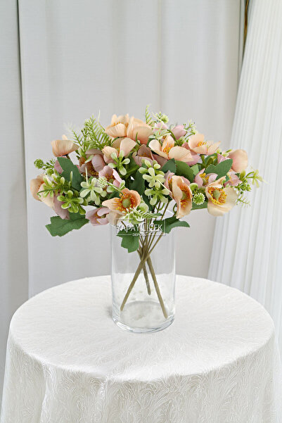 Yapay Çiçek Deposu Yapay Çiçek 10 Çiçekli Mini Cam Güzeli Demeti 30 cm Somon-Pudra