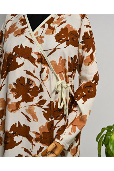 Bilenler Leaf Patterned Double Breasted Prayer Dress – 100% Viscose, Side Tie-Up, Sizes 36-46