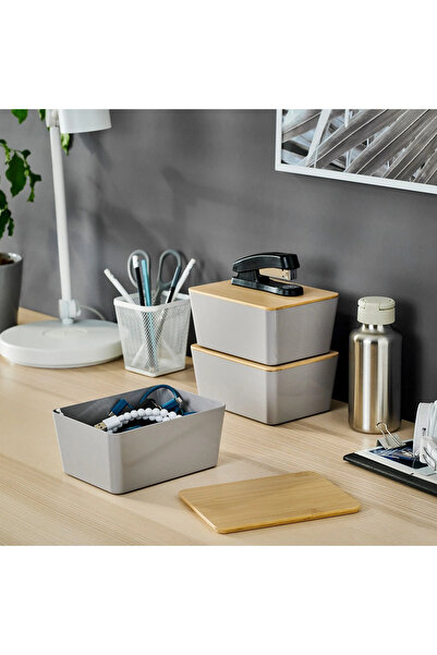 IKEA 3 lü Kutu Seti Bambu Kapaklı 3 Adet Kutu Gri 13x18x8 cm