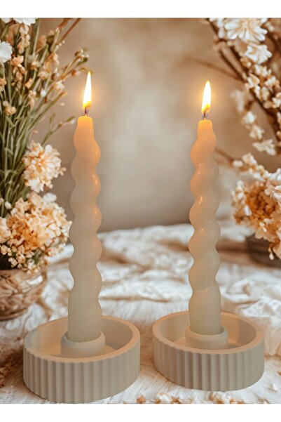 DRN Mumlar Dahil 2 Li Beyaz Yuvarlak Şamdanlık ve Spiral, Burgulu Beyaz Renk Şamdan Mum