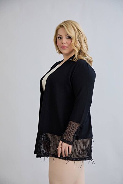 Genel Markalar KADIN BÜYÜK BEDEN KOL VE ETEK UÇLARI TÜL VE İŞLEME DETAYLI KRİSTAL KUMAŞ ŞIK HIRKA