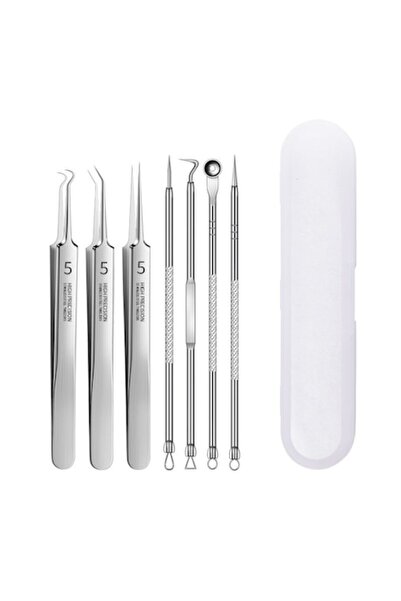 NEO Set 7 pensete pentru extractie puncte negre, comedoane, acnee, ustensile cosmetice din inox, metalic