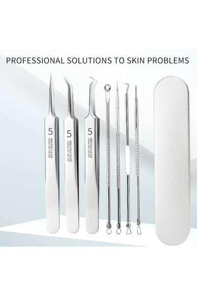 NEO Set 7 pensete pentru extractie puncte negre, comedoane, acnee, ustensile cosmetice din inox, metalic