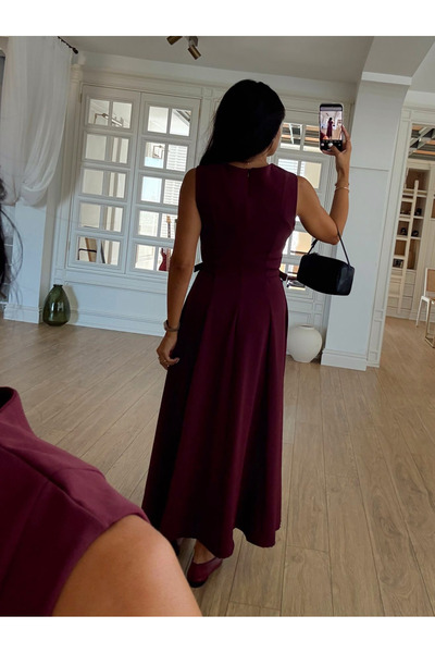 My Blog Bordo Sıfır Kol Kemer Detaylı Elbise - 2313