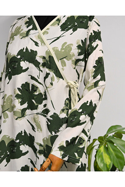 Bilenler Φόρεμα προσευχής με διπλό στήθος με σχέδιο με φύλλα – 100% βισκόζη, με πλαϊνά κορδόνια, μέγεθος 36-46