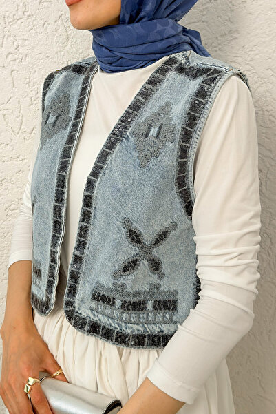 zhrcelebi Pul Nakışlı Denim Yelek 92030 - MAVİ