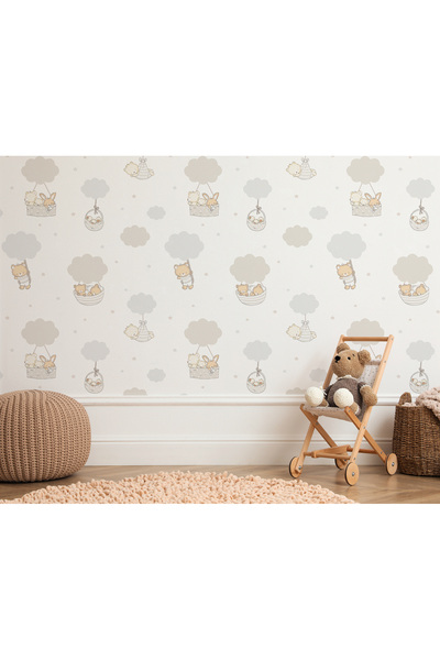 Tasarım Minimal Desen Bulutlar Yıldızlar ve Yavru Ayılar Yavru Ördekler Çocuk Bebek Odası Duvar Kağıdı