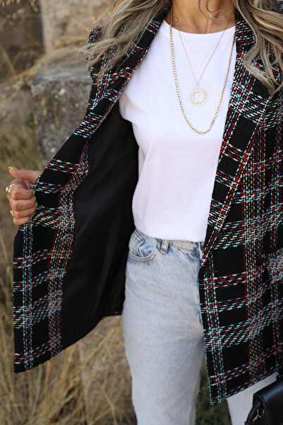 bytugcekaya Siyah Kırmızı Kareli Kruvaze Blazer