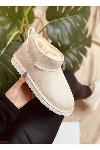 WEBORN Ultra Mini Winter Beige Suede Κοντές Γούνινες Μπότες με Λεπτή Σόλα Ζεστές Γυναικείες Μπότες
