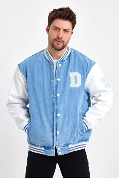 DAMGA JEANS Erkek Oversize Nakışlı BMavi Bol Kot Kolej Ceket