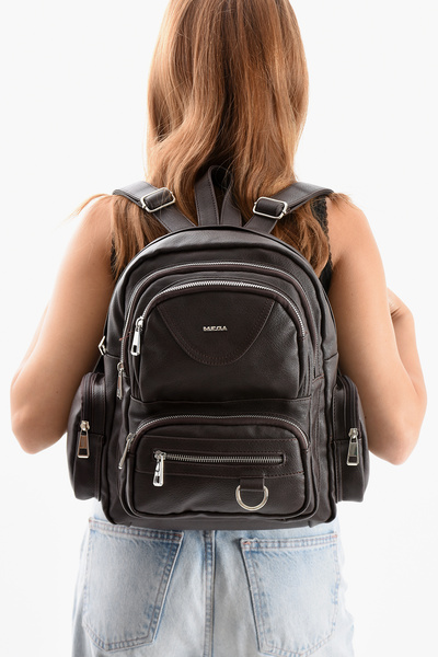 H&D COLLECTİON Mega Women's Faux Leather Brown Multi-Compartment Waterproof Backpack 544