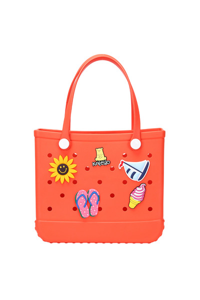 KALEIDO EVA Rubber Beach Tote Bag with 5 Summer Charms for Women & Family - Orange -Medium