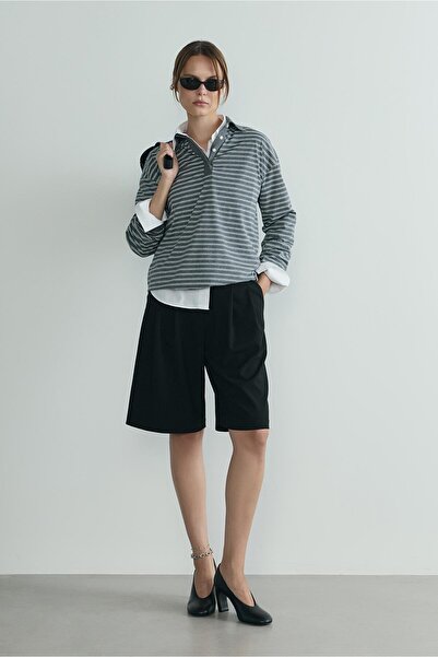 Suud Collection Gray Monroe Striped Polo Neck T-Shirt