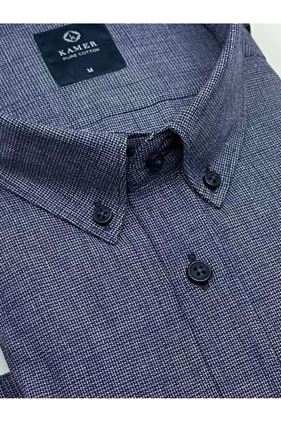 KAMER Men's Regular Fit Long Sleeve 100% Cotton Button-Up Collar Single Pocket Navy Blue Shirt 3814L