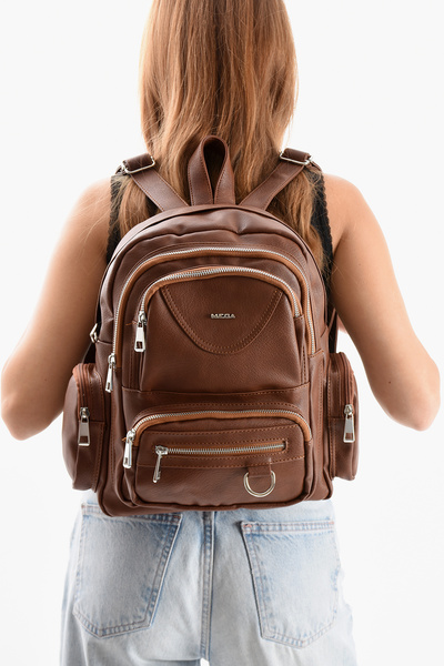 H&D COLLECTİON Mega Women's Faux Leather Tan Multi-Compartment Waterproof Backpack